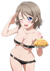  10s 1girl absurdres bare_arms bare_legs bare_shoulders belt blue_eyes breasts grey_hair happy_birthday highres looking_at_viewer love_live! love_live!_sunshine!! medium_breasts medium_hair navel open_mouth rere_(rere_tim) salute simple_background smile solo standing watanabe_you white_background 