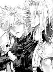  2boys armor bracer cloud_strife expressionless final_fantasy final_fantasy_vii final_fantasy_vii_remake gloves greyscale hand_on_another&#039;s_neck hashtag-only_commentary high_collar highres long_bangs long_hair looking_at_another looking_down male_focus monochrome multiple_boys parted_bangs parted_lips pauldrons sephiroth short_hair shoulder_armor single_pauldron sleeveless sleeveless_sweater sleeveless_turtleneck smile spiked_hair suspenders sweater turtleneck turtleneck_sweater upper_body white_background zhishiwan 