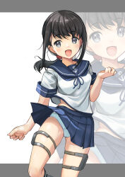  1girl absurdres anchor_symbol black_hair blue_neckerchief blue_sailor_collar blue_skirt clothes_lift commentary_request feet_out_of_frame fubuki_(kancolle) grey_eyes highres kantai_collection long_hair low_ponytail neckerchief panties sailor_collar sailor_shirt shirt sidelocks skirt skirt_lift smile solo thigh_strap underwear white_panties white_shirt wind wind_lift yashin_(yasinz) zoom_layer 