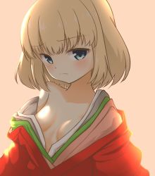 1girl blonde_hair blue_eyes blush breasts closed_mouth commentary frown girls_und_panzer head_tilt japanese_clothes katyusha_(girls_und_panzer) kimono looking_at_viewer no_bra off_shoulder orange_background rebirth42000 red_kimono short_hair simple_background small_breasts solo upper_body rating:Sensitive score:10 user:danbooru