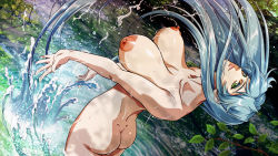 1girl arched_back ass blue_hair bouncing_breasts breasts character_request collarbone dimples_of_venus dutch_angle eyelashes eyeshadow female_focus from_behind green_eyes highres iconic_field japan_animator_expo large_breasts leaning_back lips long_hair looking_at_viewer makeup nature nipples nolia nude outdoors solo splashing standing very_long_hair wading water water_drop wet wet_hair rating:Explicit score:84 user:danbooru