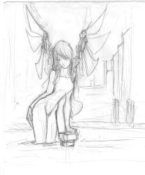  1girl angel bare_shoulders breasts highres long_hair mechanical_wings monochrome okami_7 sketch solo tagme wings  rating:Questionable score:3 user:Okami_7