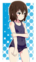 10s 1girl bad_id bad_pixiv_id beaver_(artist) black_hair blue_background blue_one-piece_swimsuit blush body_blush boku_dake_ga_inai_machi breasts brown_eyes brown_hair child closed_mouth collarbone covered_navel cowboy_shot embarrassed from_side frown hair_between_eyes half-closed_eyes hinazuki_kayo holding_own_arm legs_apart looking_to_the_side old_school_swimsuit one-piece_swimsuit open_hand outline outside_border raised_eyebrows school_swimsuit short_hair small_breasts solo standing swimsuit rating:Sensitive score:70 user:danbooru