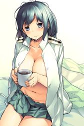 10s 1girl aaru_(tenrake_chaya) alternate_costume alternate_hair_length alternate_hairstyle blue_eyes blue_hair blush breasts cleavage commentary_request cup highres indoors kantai_collection large_breasts looking_at_viewer matching_hair/eyes military military_uniform navel open_clothes pleated_skirt short_hair simple_background sitting skirt solo souryuu_(kancolle) stomach tagme uniform white_background rating:Questionable score:13 user:danbooru