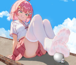  1girl arm_support blue_sky blush breasts cat_hair_ornament dongchuan feet foot_focus green_eyes hair_ornament hairclip highres hololive looking_at_viewer looking_to_the_side medium_breasts medium_hair pink_hair plaid plaid_skirt pleated_skirt sailor_collar sakura_miko shirt sitting skirt sky smile soles solo thighhighs virtual_youtuber white_shirt white_thighhighs 