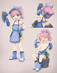  1girl apron blacksmith blue_eyes blush closed_eyes fanning_self female_focus flat_chest full_body highres keven_(ewdx3754) loli multiple_views nipples pink_hair solo sweat tagme topless  rating:Explicit score:33 user:angusmacloud