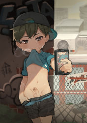  1boy absurdres backwards_hat baseball_cap blue_shirt blush breath building cellphone censored chain-link_fence clothes_lift clothes_pull clothes_writing english_text erection fence graffiti hat heart heavy_breathing highres holding holding_cellphone holding_phone lifted_by_self male_focus male_underwear male_underwear_peek male_underwear_pull male_underwear_writing midriff midriff_peek mouth_hold navel nipples omurice_(roza4957) open_clothes open_fly open_shorts original outdoors penis phone pulled_by_self recording rooftop selfie shadow shirt shirt_lift short_hair short_sleeves shorts shorts_pull shota smartphone solo sweat t-shirt testicles underwear underwear_peek underwear_pull underwear_writing  rating:Explicit score:541 user:Dweenie