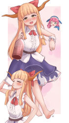  2girls :d alcohol alcohol_carton barefoot blonde_hair blunt_bangs blush bottle bow bowtie breasts brown_horns chibi chibi_inset commentary drunk full_body green_eyes hair_bow highres holding_carton horns ibuki_suika long_hair looking_at_viewer lykesya medium_bangs multiple_girls multiple_views okunoda_miyoi open_mouth pink_hair purple_skirt red_bow red_bowtie ribbon-trimmed_skirt ribbon_trim sake sake_bottle shirt sidelocks skirt sleeveless sleeveless_shirt small_breasts smile solo_focus symbol-only_commentary touhou whale_hat white_shirt 