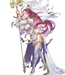  1girl bracelet braid breasts cleavage damaged dress fire_emblem fire_emblem_heroes gold_trim high_heels highres huge_breasts jewelry large_breasts lips loki_(fire_emblem) loki_(trickster_god)_(fire_emblem) long_hair looking_at_viewer maeshima_shigeki nail_polish nintendo non-web_source official_alternate_costume official_art one_eye_closed pelvic_curtain purple_eyes purple_hair sideboob single_braid solo staff thighhighs torn_clothes waist_cape white_dress white_footwear white_thighhighs wide_hips  rating:Sensitive score:10 user:danbooru