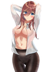  1girl absurdres arms_behind_head black_pantyhose blue_eyes blush breasts brown_hair collared_shirt commentary_request go-toubun_no_hanayome highres large_breasts long_hair long_hair_between_eyes long_sleeves looking_at_viewer nakano_miku navel open_clothes open_mouth open_shirt pantyhose shirt simple_background solo tatsu0719 white_background white_shirt 