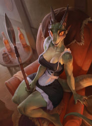  1girl apron argonian armchair bald bald_girl barefoot between_thighs black_dress black_nails bonifasko bottle breasts chair colored_sclera colored_skin commentary covered_erect_nipples dragon_horns dress english_commentary fingernails furry furry_female green_skin highres holding holding_polearm holding_weapon horns indoors large_breasts lifts-her-tail lizard_tail lower_teeth_only maid nail_polish narrow_waist phallic_symbol polearm reptile_girl sharp_fingernails sitting slit_pupils snout solo spear tail taut_clothes taut_dress teeth the_elder_scrolls the_elder_scrolls_v:_skyrim thick_thighs thighs waist_apron weapon wide_hips yellow_sclera  rating:Questionable score:101 user:danbooru