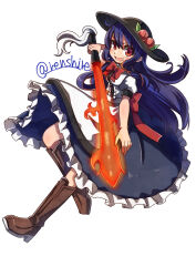  1girl absurdres black_hat blue_hair blue_skirt bow bowtie brown_footwear commentary frilled_skirt frills full_body hat highres hinanawi_tenshi holding holding_sword holding_weapon long_hair looking_at_viewer one-hour_drawing_challenge open_mouth peach_hat_ornament red_bow red_bowtie red_eyes renshirenji simple_background skirt solo sword sword_of_hisou touhou twitter_username weapon white_background 