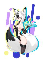  1girl absurdres animal_ears black_gloves blue_eyes breasts cherry cleavage cocktail_glass cup deel_(rkeg) detached_collar drinking_glass food fox_ears fox_girl fox_tail fruit gloves grin highres holding holding_tray leotard original playboy_bunny shot_glass small_breasts smile solo tail thighhighs tray white_fur wrist_cuffs 