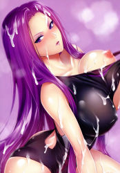  absurdres breasts covered_erect_nipples cum cum_on_body cum_on_breasts cum_on_hair cum_on_upper_body fate_(series) highres large_breasts medusa_(fate) medusa_(rider)_(fate) nipples one_breast_out purple_eyes purple_hair swimsuit zucchini  rating:Explicit score:36 user:bichashka