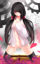 10s 1girl absurdres bad_id bad_pixiv_id black_hair black_thighhighs blush breasts collarbone covered_erect_nipples covering_privates covering_crotch date_a_live dress_shirt embarrassed frown gears hair_over_one_eye hand_on_own_chest highres legs_apart long_hair medium_breasts naked_shirt navel no_panties nose_blush open_clothes open_shirt raised_eyebrow red_eyes roman_numeral see-through shirt solo thighhighs thighs tokisaki_kurumi torriet twintails underboob wide_stance rating:Questionable score:53 user:danbooru