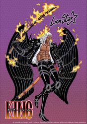  1boy abs black_bodysuit black_wings bodysuit dark-skinned_male dark_skin fire highres king_(one_piece) long_hair male_focus muscular muscular_male one_piece serious solo sword tattoo weapon white_hair wings yellow_eyes  rating:Questionable score:8 user:keplergym