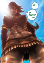 1girl abs breasts brown_hair dark_skin dark-skinned_female covered_erect_nipples female_focus from_below impossible_clothes large_breasts league_of_legends lens_flare long_hair muscular nidalee ponytail pussy romehamu skirt solo tribal uncensored rating:Explicit score:103 user:danbooru