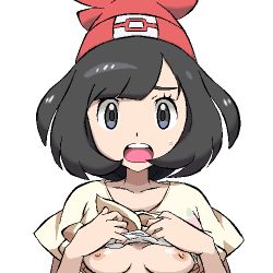 1girl beanie black_hair blue_eyes bra bra_lift breasts clothes_lift creatures_(company) floral_print game_freak gomatarou_(pixiv196136) hands_on_own_chest hat jaggy_lines looking_at_viewer lowres nintendo nipples oekaki open_mouth pokemon pokemon_sm red_hat selene_(pokemon) shirt shirt_lift short_hair short_sleeves simple_background small_breasts solo sweat swept_bangs t-shirt teeth underwear upper_body upper_teeth_only white_background white_bra rating:Questionable score:131 user:danbooru