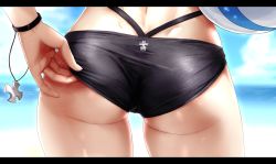  1girl adjusting_clothes adjusting_swimsuit aoi_tiduru ass ass_focus azur_lane ball beachball bikini black_bikini blurry blurry_background close-up commentary_request cross day depth_of_field dimples_of_venus fingernails from_behind highleg highleg_bikini highres iron_cross letterboxed lower_body outdoors solo swimsuit thigh_gap thighs wristband z23_(azur_lane) z23_(breezy_doubles)_(azur_lane)  rating:Questionable score:89 user:danbooru