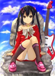  1girl alternate_costume black_hair black_socks blush bow closed_mouth cloud collarbone day dot_nose female_focus full_body guitar instrument jewelry k-on! legs long_sleeves looking_at_viewer nakano_azusa necklace outdoors panties rock shoes sitting sky socks solo thighs underwear white_panties 