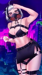  1girl bad_id bad_pixiv_id belt black_gloves black_hair bra covered_mouth covering_own_mouth fishnet_top fishnets gloves gradient_background hand_on_own_face hand_to_own_mouth highres jacket jewelry necklace neon_kuroyuri neon_kuroyuri_character open_clothes open_jacket pink_eyes underwear upper_body v virtual_youtuber wactor_production white_hair  rating:General score:2 user:misopa