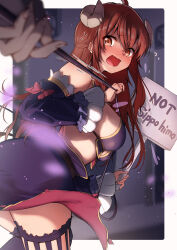 1girl ahoge ass belt blurry blurry_background blurry_foreground blush breasts brown_belt brown_eyes brown_hair cape commentary curled_horns demon_horns demon_tail detached_sleeves fang flying_sweatdrops from_behind from_side highres holding holding_sign horns kootee-on large_breasts long_hair long_sleeves looking_at_viewer looking_back machikado_mazoku nose_blush open_mouth purple_cape revealing_clothes romaji_text sign skin_fang solo_focus tail tail_pull thighhighs thighs translated twisted_torso waist_cape wavy_hair yoshida_yuuko_(machikado_mazoku) rating:Sensitive score:11 user:danbooru