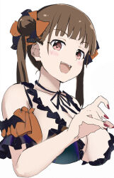  1girl :d armpit_crease bat_ornament black_dress black_ribbon blush bow breasts brown_hair claw_pose cleavage commentary_request cropped_torso detached_sleeves double_bun dress fingernails frilled_dress frilled_sleeves frills hair_bow hair_bun highres idolmaster idolmaster_shiny_colors large_breasts lone_nape_hair looking_at_viewer looking_to_the_side neck_ribbon open_mouth orange_bow orange_sleeves purple_eyes rauto red_nails ribbon simple_background sleeveless sleeveless_dress smile solo sonoda_chiyoko teeth three_quarter_view upper_teeth_only white_background 
