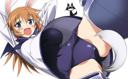  1girl absurdres animal_ears arms_behind_head blue_eyes blush breasts charlotte_e._yeager cosplay detexted dutch_angle highres kurashima_tomoyasu large_breasts long_hair miyafuji_yoshika miyafuji_yoshika_(cosplay) non-web_source object_on_head one-piece_swimsuit open_mouth orange_hair panties panties_on_head rabbit_ears rabbit_girl rabbit_tail school_swimsuit school_uniform serafuku silhouette_demon solo strike_witches striker_unit swimsuit swimsuit_under_clothes tail thighhighs third-party_edit underwear vector_trace wardrobe_error world_witches_series zettai_ryouiki  rating:Questionable score:13 user:taigert16