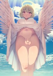  1futa :o angel angel_wings bare_arms bare_shoulders blue_sky bottomless breasts breasts_apart brown_hair clothes_lift cloud cloudy_sky cowboy_shot day dress dress_lift eyelashes flaccid flashing foreskin futanari halo highres large_breasts legs_together lifting_own_clothes light_rays looking_at_viewer medium_breasts navel no_panties open_mouth original penis pink_eyes short_hair sky sleeveless sleeveless_dress slit_pupils small_penis solo standing stomach sunbeam sundress sunlight teeth testicles uncensored upper_teeth_only white_dress wings yana_(nekoarashi) 