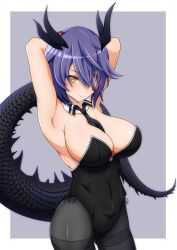  1girl arms_behind_head bell_shireikan black_leotard black_pantyhose breasts dragon_girl dragon_horns dragon_tail eyepatch grey_background highres horns kantai_collection large_breasts leotard looking_at_viewer nontraditional_playboy_bunny pantyhose purple_hair scales short_hair smile solo tail tenryuu_(kancolle) thighband_pantyhose white_background yellow_eyes 