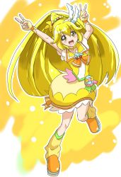  1girl adapted_costume alternate_costume bow choker cosplay cure_papaya cure_papaya_(cosplay) cure_peace florence_temporary gloves gradient_background hair_between_eyes hair_ornament highres kise_yayoi leg_warmers_past_ankles magical_girl orange_footwear pika_pika_pikarin_jankenpon precure sailor_collar skirt smile_precure! solo tropical-rouge!_precure two-tone_background white_background wide_ponytail yellow_background yellow_bow yellow_choker yellow_gloves yellow_sailor_collar yellow_skirt yellow_theme 