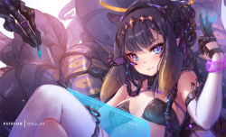  1girl adapted_costume artist_name bad_id bad_pixiv_id bare_shoulders black_gloves black_hair blue_eyes blunt_bangs blush bracelet breasts closed_mouth commentary_request crossed_legs detached_sleeves gloves glowing hair_bun holding holding_pen holographic_touchscreen hololive hololive_english jewelry long_sleeves looking_at_viewer mechanical_arms mechanical_parts mitsu_(mitsu_art) mole mole_under_eye multicolored_hair ninomae_ina&#039;nis ninomae_ina&#039;nis_(1st_costume) orange_hair pen pointy_ears purple_hair revealing_clothes single_hair_bun single_thighhigh sitting small_breasts smile solo tentacles thighhighs virtual_youtuber white_thighhighs  rating:Sensitive score:29 user:danbooru