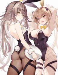  2girls absurdres alternate_costume animal_ears armpits arms_up ass backless_leotard black_leotard black_pantyhose blush bow bowtie breasts brown_hair cleavage closed_mouth cowboy_shot detached_collar diieru fake_animal_ears fake_tail fang fishnet_pantyhose fishnets girls&#039;_frontline hair_ornament hairpin hands_up highres holding holding_tray large_breasts leotard long_hair looking_at_viewer looking_back multiple_girls multiple_hairpins open_mouth orange_eyes pantyhose playboy_bunny presenting_armpit rabbit_ears rabbit_tail scar scar_across_eye sideboob simple_background skin_fang skindentation small_breasts tail tray twintails ump45_(girls&#039;_frontline) ump9_(girls&#039;_frontline) white_background wrist_cuffs yellow_bow yellow_bowtie 