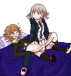  1boy 1girl :d :o bed breasts brown_hair clothed_sex commission crossdressing danganronpa:_trigger_happy_havoc danganronpa_(series) danganronpa_2:_goodbye_despair femdom flat_chest fujisaki_chihiro girl_on_top green_eyes grey_hair hetero highres jacket looking_back medium_breasts nanami_chiaki no_panties one_eye_closed open_mouth penis pink_eyes pussy reverse_cowgirl_position riding sex sex_from_behind skirt smile socks straddling thick_thighs thighs transparent_background trap trap_on_female wink  rating:Explicit score:56 user:RikkaRitsu