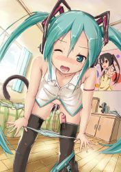 1girl aqua_eyes aqua_hair bare_shoulders bedroom blush cat_tail drooling face female_ejaculation hachune_miku hatsune_miku highres indoors k-on! lat_model_(mikumikudance) long_hair miu_(angelo_whitechoc) nakano_azusa one_eye_closed panties panty_pull poster_(medium) poster_(object) pussy_juice saliva sex_toy solo striped_clothes striped_panties tail tears thighhighs tissue tissue_box twintails underwear undressing vibrator vocaloid wet wet_clothes wet_panties wince wink rating:Explicit score:79 user:danbooru