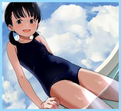  1girl black_hair blue_border blue_eyes blue_one-piece_swimsuit blue_sky border cloud cloudy_sky dutch_angle from_below highres kurebayashi_asami loli looking_at_viewer looking_down low_twintails new_school_swimsuit one-piece_swimsuit open_mouth original partially_submerged school_swimsuit sky smile solo swimsuit twintails wading water webp-to-png_conversion 