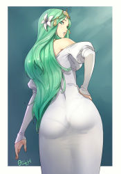  1girl ass bare_shoulders dress female_focus fire_emblem fire_emblem:_three_houses flower from_behind green_eyes green_hair hair_flower hair_ornament highres long_hair looking_back matching_hair/eyes nintendo off-shoulder_dress off_shoulder ozkh pantylines parted_lips rhea_(fire_emblem) simple_background skin_tight solo tiara white_dress  rating:Sensitive score:171 user:danbooru