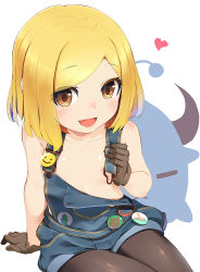  1girl :d =_= arm_support babe_(fate) badge bare_arms bare_shoulders blonde_hair blush brown_eyes brown_gloves brown_pantyhose button_badge collarbone commentary_request fate/grand_order fate_(series) flat_chest from_above gloves hand_up heart highres holding_strap horns legs_together loli looking_at_viewer medium_hair naked_overalls nejime open_mouth overalls pantyhose parted_bangs partially_unbuttoned paul_bunyan_(fate) paul_bunyan_(third_ascension)_(fate) pocket shiny_clothes shiny_skin simple_background sitting smile smiley_face solo white_background  rating:Questionable score:41 user:danbooru