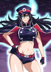  1girl black_gloves black_hair breasts contrapposto cowboy_shot crop_top scar_on_face fingerless_gloves gloves green_eyes groin hair_between_eyes hand_on_own_hip hat impossible_clothes jacket jacket_on_shoulders large_breasts long_hair looking_at_viewer makyouin_ouga namakemono_(u446644k) navel peaked_cap scar scar_on_cheek scar_on_face serious short_shorts shorts solo stomach yuragisou_no_yuuna-san  rating:Sensitive score:55 user:danbooru