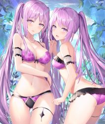  2girls arm_garter artist_name ass bikini blush boots breasts butt_crack cleavage cowboy_boots euryale_(fate) fate/grand_order fate_(series) frilled_bikini frills from_side gluteal_fold highres holding_hands interlocked_fingers jewelry leaning_forward long_hair looking_at_viewer medium_breasts multiple_girls navel necklace open_mouth outdoors purple_bikini purple_eyes purple_hair rin_yuu siblings sisters skindentation smile stheno_(fate) swimsuit thigh_gap thighlet twintails very_long_hair  rating:Sensitive score:57 user:danbooru