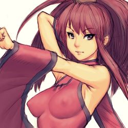  1girl arc_system_works arm_behind_head bare_shoulders breasts china_dress chinese_clothes detached_sleeves dress covered_erect_nipples fumio_(rsqkr) guilty_gear impossible_clothes impossible_shirt kuradoberi_jam purple_eyes red_hair shirt solo tsurime upper_body  rating:Sensitive score:37 user:danbooru