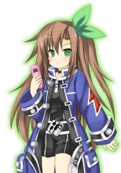 10s 1girl ad(21) blush brown_hair cellphone choker coat female_focus green_eyes gust hair_between_eyes hair_ornament holding if_(neptunia) long_hair looking_at_viewer neptune_(series) nippon_ichi phone sega shorts simple_background smile solo standing trench_coat uniform white_background