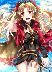  1girl :d black_leotard black_sleeves blonde_hair blush bow cape cowboy_shot cpu_(hexivision) earrings ereshkigal_(fate) fate/grand_order fate_(series) floating_hair hair_bow highres hood hood_down hooded jewelry leotard long_hair long_sleeves looking_at_viewer mady_(madine08260) open_mouth red_bow red_cape red_eyes shocker single_sleeve smile solo standing thigh_gap very_long_hair 
