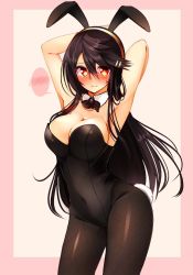  10s 1girl animal_ears armpits arms_behind_head arms_up bare_shoulders black_hair black_pantyhose blush bow bowtie breasts cleavage detached_collar fake_animal_ears hair_ornament hairclip haruna_(kancolle) highres kantai_collection large_breasts leotard long_hair looking_at_viewer pantyhose playboy_bunny rabbit_ears rabbit_tail red_eyes solo spoken_blush tail tsukui_kachou  rating:Sensitive score:21 user:danbooru