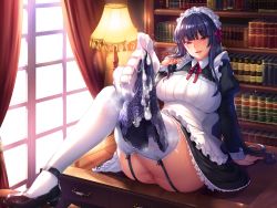  1girl apron black_panties blue_hair book bookshelf crossed_legs cum cum_on_body cum_on_clothes cum_on_feet desk dress feet foot_focus frills garter_straps highres lace lace_panties lamp leg_up long_hair looking_at_viewer maid maid_apron maid_headdress mary_janes minamoto_(mutton) non-web_source on_desk original panties puffy_sleeves pussy_juice red_eyes ruffling_hair shoes single_shoe sitting on_desk smile thighhighs thighs toes underwear white_thighhighs window wrist_cuffs  rating:Explicit score:138 user:danbooru