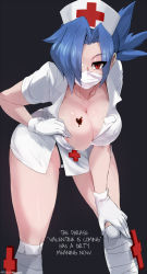 1girl ario bent_over black_panties blue_hair breasts bursting_breasts cleavage dress eyepatch female_focus gloves hair_over_one_eye hard-translated hat large_breasts latex latex_gloves looking_at_viewer mask mouth_mask nurse nurse_cap panties pantyshot ponytail red_eyes revision short_dress skullgirls solo surgical_mask third-party_edit translated underwear upskirt valentine_(skullgirls) white_gloves rating:Questionable score:75 user:StolenTranslations