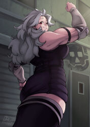  1girl 2023 ahoge arm_guards arm_up armlet artist_name ass back black_shirt black_skirt black_thighhighs breasts building clenched_hands commentary contrapposto cowboy_shot day dmxwoops dorohedoro ear_piercing english_commentary female_focus flexing foreshortening from_side graffiti grey_hair highres large_breasts long_hair looking_at_viewer messy_hair muscular muscular_female noi_(dorohedoro) outdoors parted_bangs piercing raised_fist red_eyes shirt sideboob skirt skull sleeveless sleeveless_jacket smile solo standing thighhighs thighs tight_clothes 