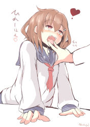 10s 1girl arm_support blush brown_eyes brown_hair dress fangs hair_ornament hairclip heart heart-shaped_pupils highres ikazuchi_(kancolle) kantai_collection long_sleeves open_mouth partially_colored personification sailor_dress school_uniform serafuku short_hair sukage symbol-shaped_pupils tongue tongue_grab translation_request twitter_username white_background rating:Sensitive score:46 user:danbooru