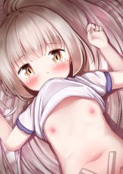  1girl arms_up azur_lane blush bottomless brown_eyes clothes_in_mouth clothes_lift commentary_request dutch_angle flat_chest gym_shirt highres lifted_by_self light_brown_hair loli long_hair lying mochiyuki mouth_hold navel nipples on_back out-of-frame_censoring shirt shirt_in_mouth shirt_lift short_sleeves solo very_long_hair white_shirt z46_(azur_lane)  rating:Questionable score:85 user:danbooru
