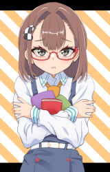  1girl belt book brown_hair buttons checkered_hair_ornament closed_mouth collared_shirt crossed_arms double-breasted double-parted_bangs earrings esuki grey_eyes hair_intakes highres hitomi_chris hololive jewelry long_sleeves looking_at_viewer medium_hair necktie outside_border overalls pout red-framed_eyewear semi-rimless_eyewear shirt solo striped striped_background upper_body virtual_youtuber white_belt white_shirt yellow_necktie 